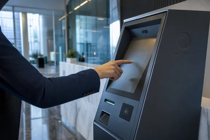 ATM en lobby Banco Nación con mano acercando tarjeta sin contacto