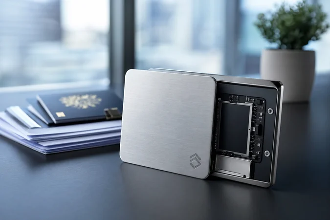 Billetera de hardware metálica abierta con logo minimalista grabado esquina