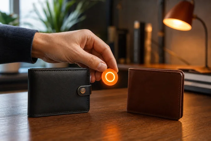 Billeteras de cuero premium token naranja transferido por mano izquierda