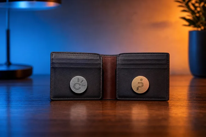 Cartera cuero minimalista con tokens Claro Pay y Personal Pay