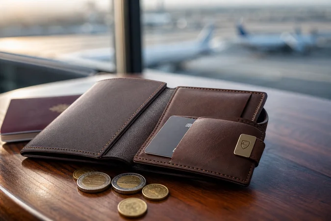 Cartera de cuero abierta sobre mesa de viaje con pasaporte