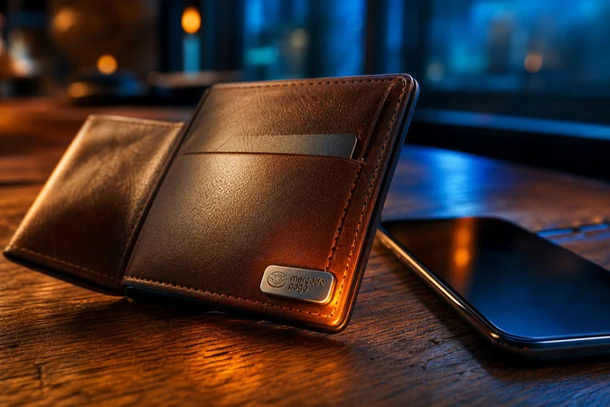 Cartera de cuero marrón abierta junto al smartphone con Mercado Pago