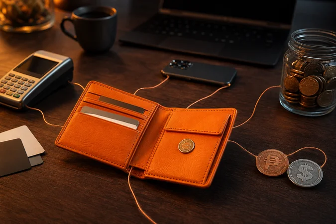 cartera de cuero naranja con logo circular sobre escritorio oscuro