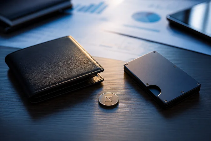 Cartera de cuero y soporte para tarjetas con moneda grabada