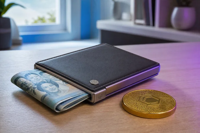 Cartera híbrida que fusiona billete peso moneda criptográfica con logotipo