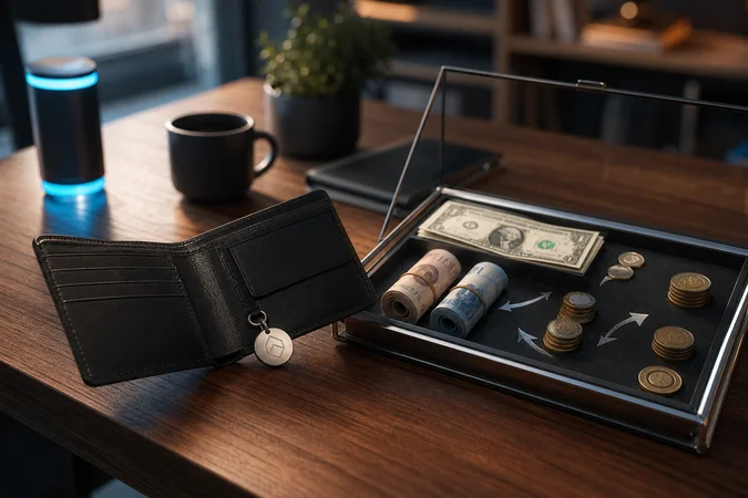 Cartera moderna abierta junto a vitrina con billetes Dólar MEP