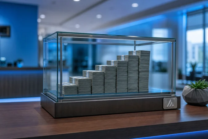 Caso de vidrio con billetes apilados y logo minimalista banco