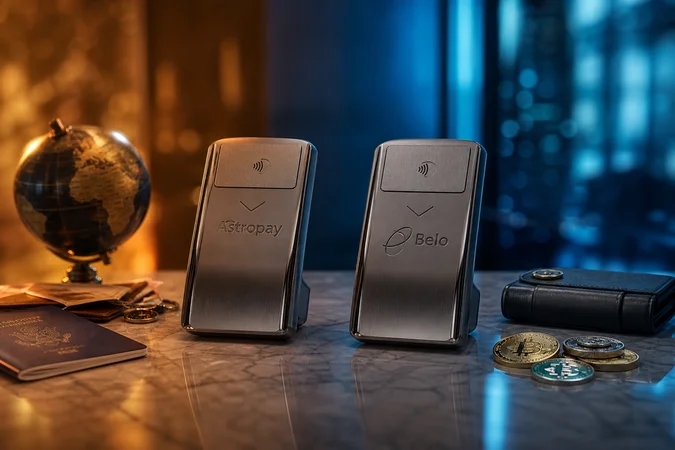Dos dispositivos de pago Astropay y Belo sobre escritorio de mármol