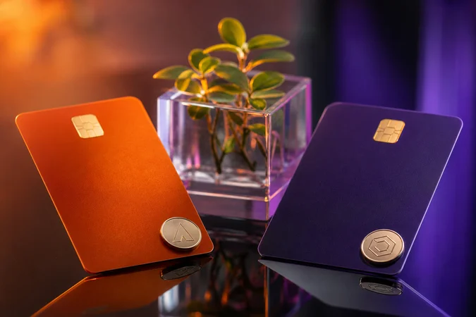 Dos tarjetas fintech naranja y morada sobre vidrio con planta