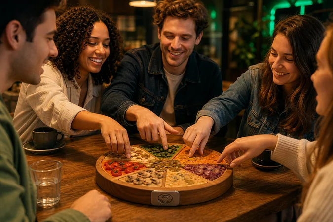 Grupo amigos alrededor de mesa en cafe con Mercado Pago