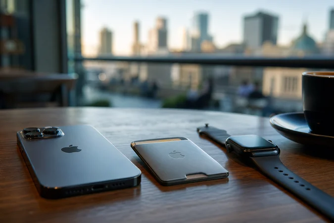 iPhone y Apple Watch sobre escritorio madera con logo Apple