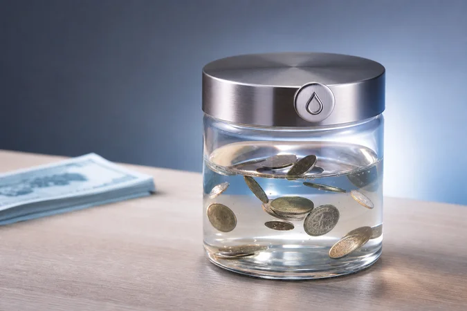 Jarra de vidrio minimalista con liquido monedas suspendidas billetes cercanos