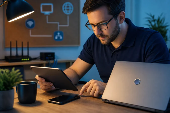 laptop cerrado con insignia y profesional revisando tablet y smartphone