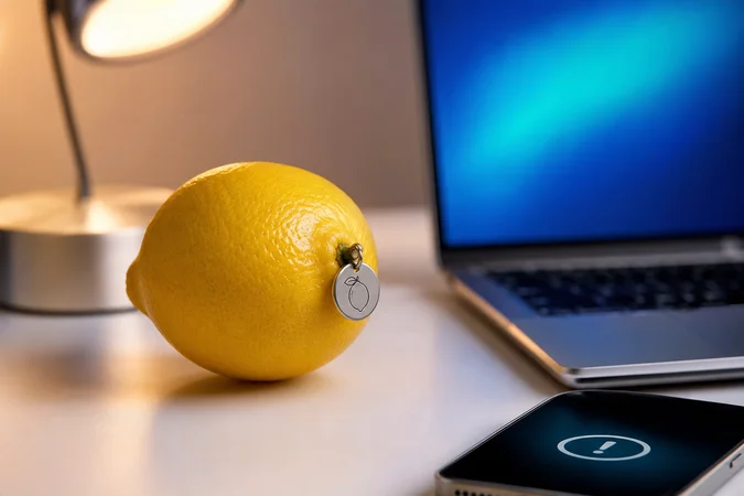 Limón amarillo en escritorio blanco con etiqueta circular de logotipo