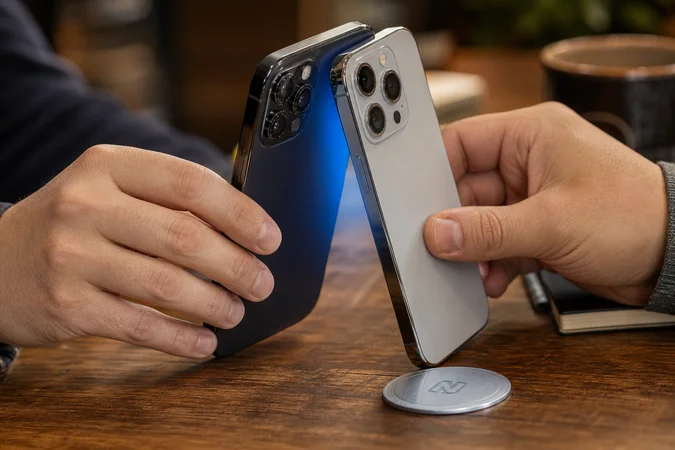 Mano a punto de activar NFC con smartphones sobre madera