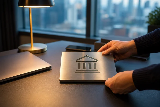 Mano colocando placa de metal cepillado con logotipo bancario minimalista