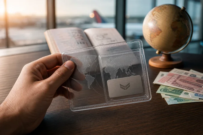 Mano de viajero sosteniendo billetera viaje transparente con logo grabado