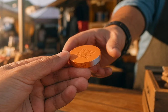 Mano presenta token circular naranja con logo Mercado Pago grabado