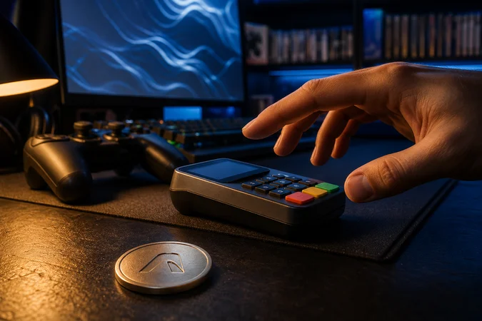 Mano sobre terminal de pago con moneda grabada Astropay visible