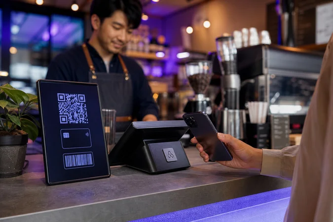 Mano sosteniendo smartphone junto a terminal de pago con logotipo