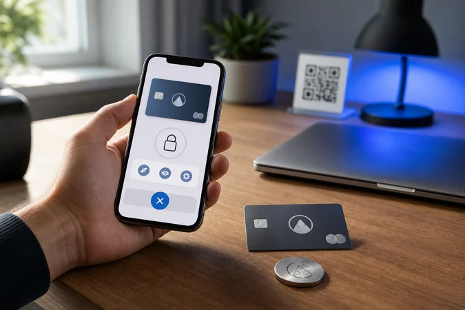 Mano sosteniendo smartphone y tarjeta bancaria con token logotipo bancario