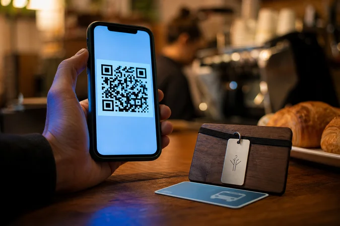 Mano sosteniendo teléfono con código QR para pago sin contacto