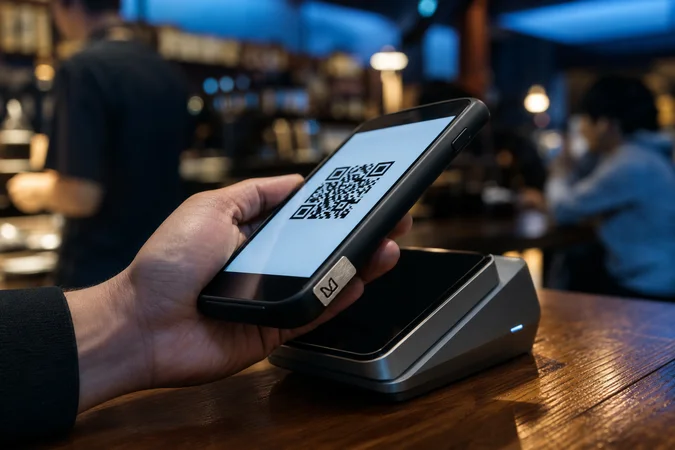 Mano sosteniendo teléfono con código QR sobre cobro terminal logo