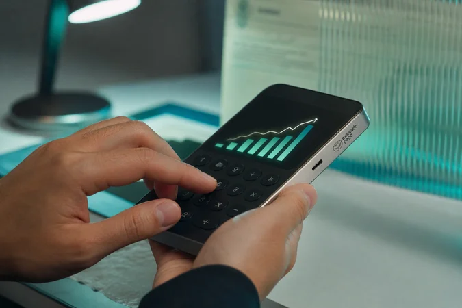 Manos ajustando calculadora compacto con logo Mercado Pago grabado borde