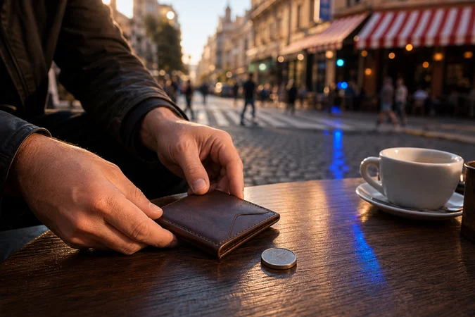Manos colocando billetera cuero sobre mesa café soleada Buenos Aires