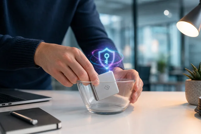Manos colocando dispositivo metálico con logo grabado en cuenco vidrio