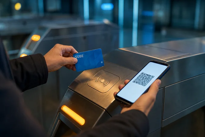 Manos en torniquete metro con SUBE y teléfono mostrando código