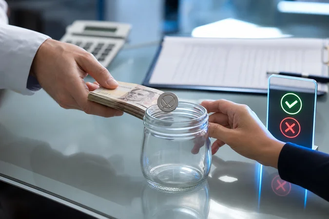 Manos intercambian pesos hacia frasco de vidrio con token circular minimalista
