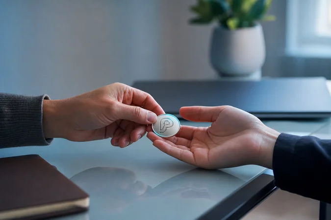 Manos intercambian token metalico con logo Personal Pay en oficina