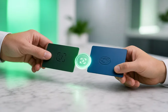 Manos intercambian token translúcido entre tarjetas Cuenta DNI Mercado Pago