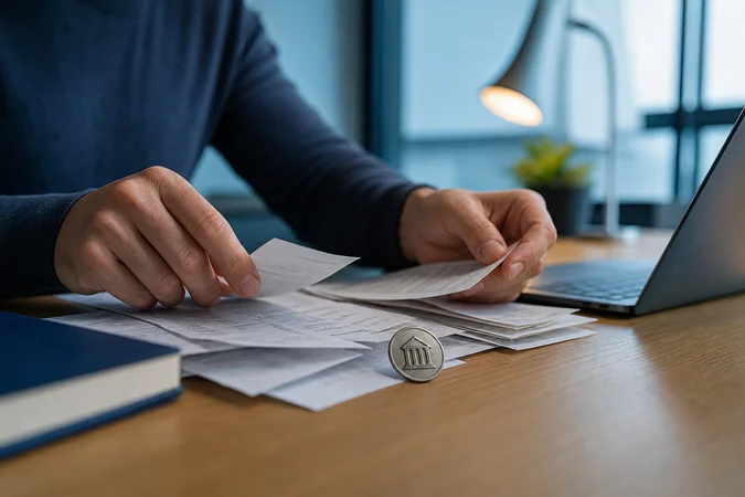 Manos revisando recibos bancarios sobre mesa con token logotipo minimalista
