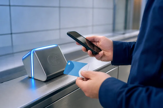 Manos sosteniendo smartphone junto a lector de tarjetas de tránsito
