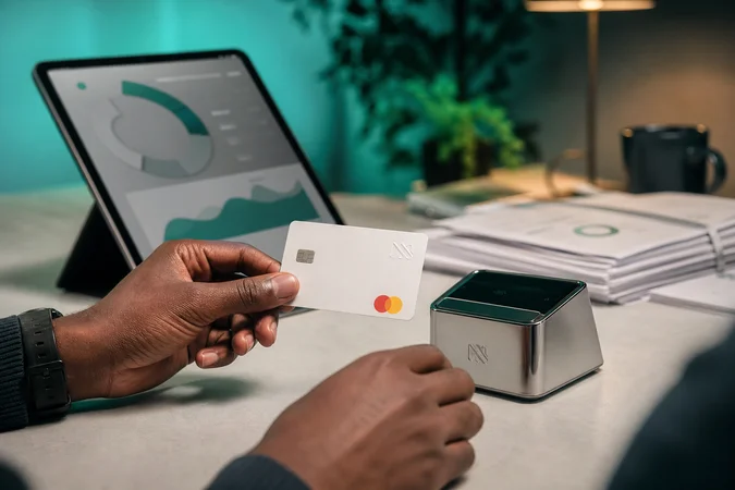 Manos sosteniendo tarjeta tipo Mastercard blanca con logo Moni visible