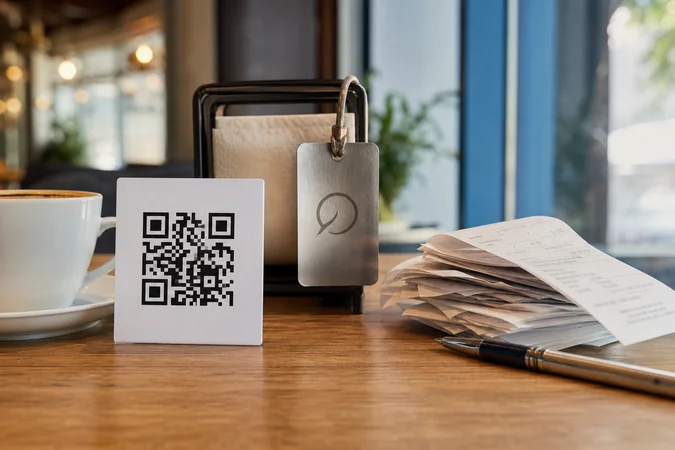Mesa café con QR y recibos de transferencia logo discreto
