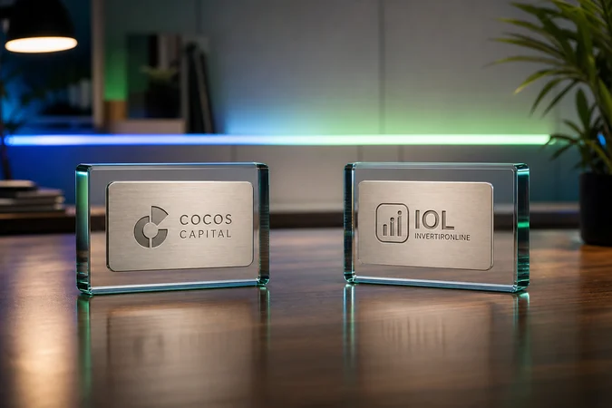 Mesa madera pulida con bloques vidrio logos Cocos Capital IOL