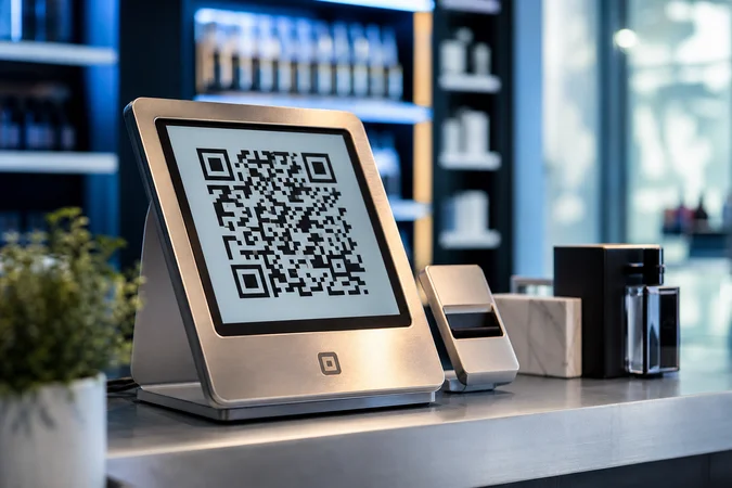 Mostrador de caja con gran código QR y logotipo grabado