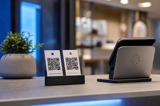 Mostrador de pago minimalista con dos tarjetas QR y logo grabado