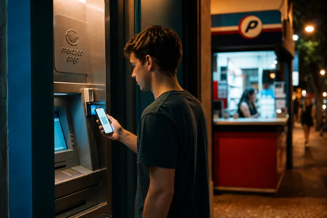 Persona con teléfono frente cajero automático Mercado Pago y Rapipago