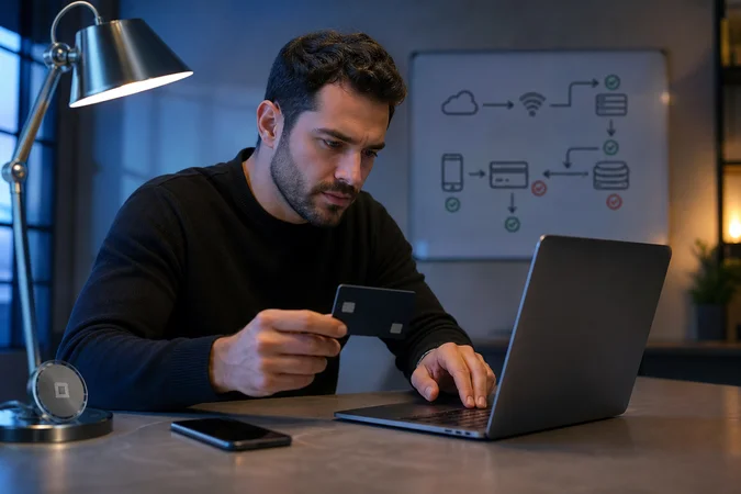 Persona en escritorio tecnológico con logo Prex visible en lámpara
