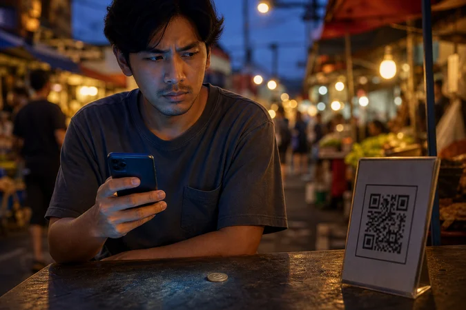 Persona en mercado nocturno mira teléfono codigo QR moneda logo