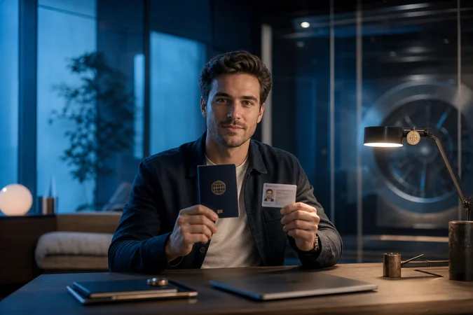 Persona en oficina moderna sostiene pasaporte y dni frente pantalla