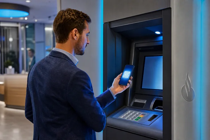 Persona frente a cajero Santander mostrando código en teléfono móvil