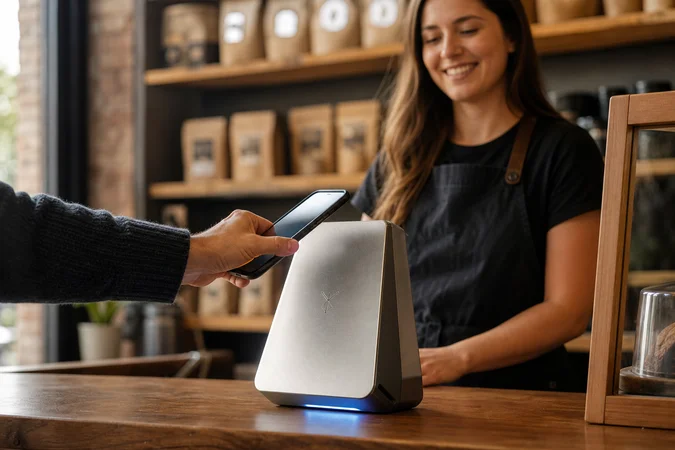 Persona pagando con teléfono NFC en cafetería y terminal grabado