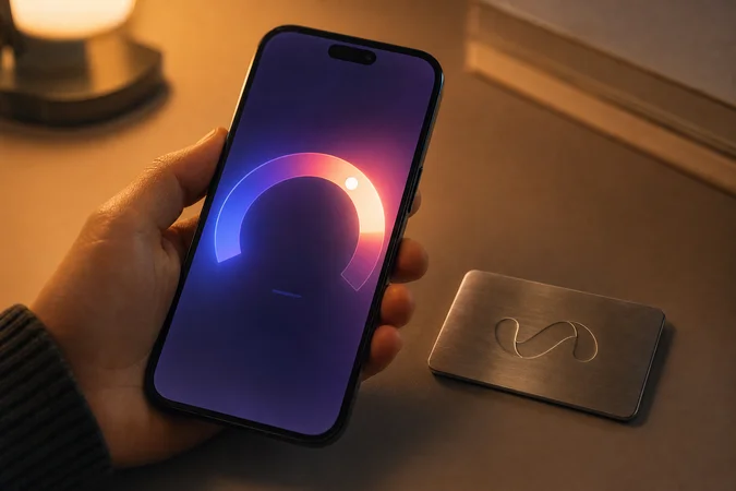 Persona sosteniendo smartphone con indicador abstracto y placa Ualá minimalista
