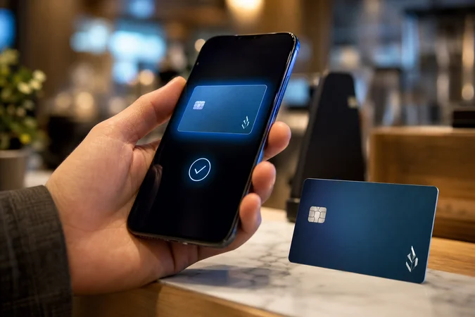 Primer plano mano sostiene smartphone y tarjeta de pago plástica