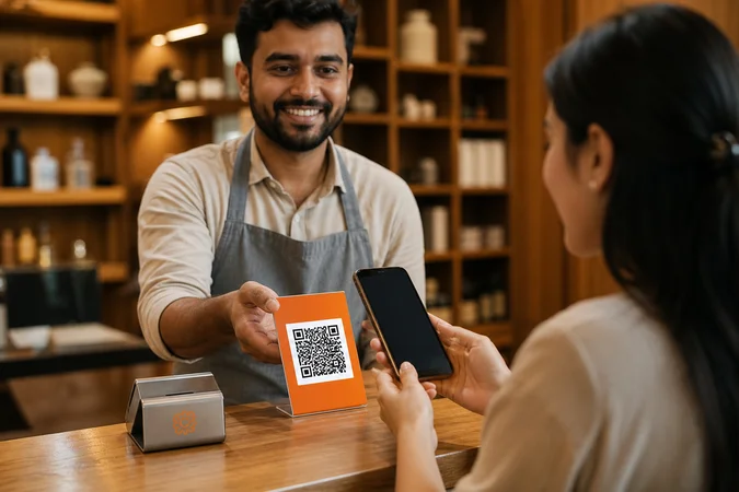 Propietario de tienda entrega tarjeta QR naranja frente al cliente